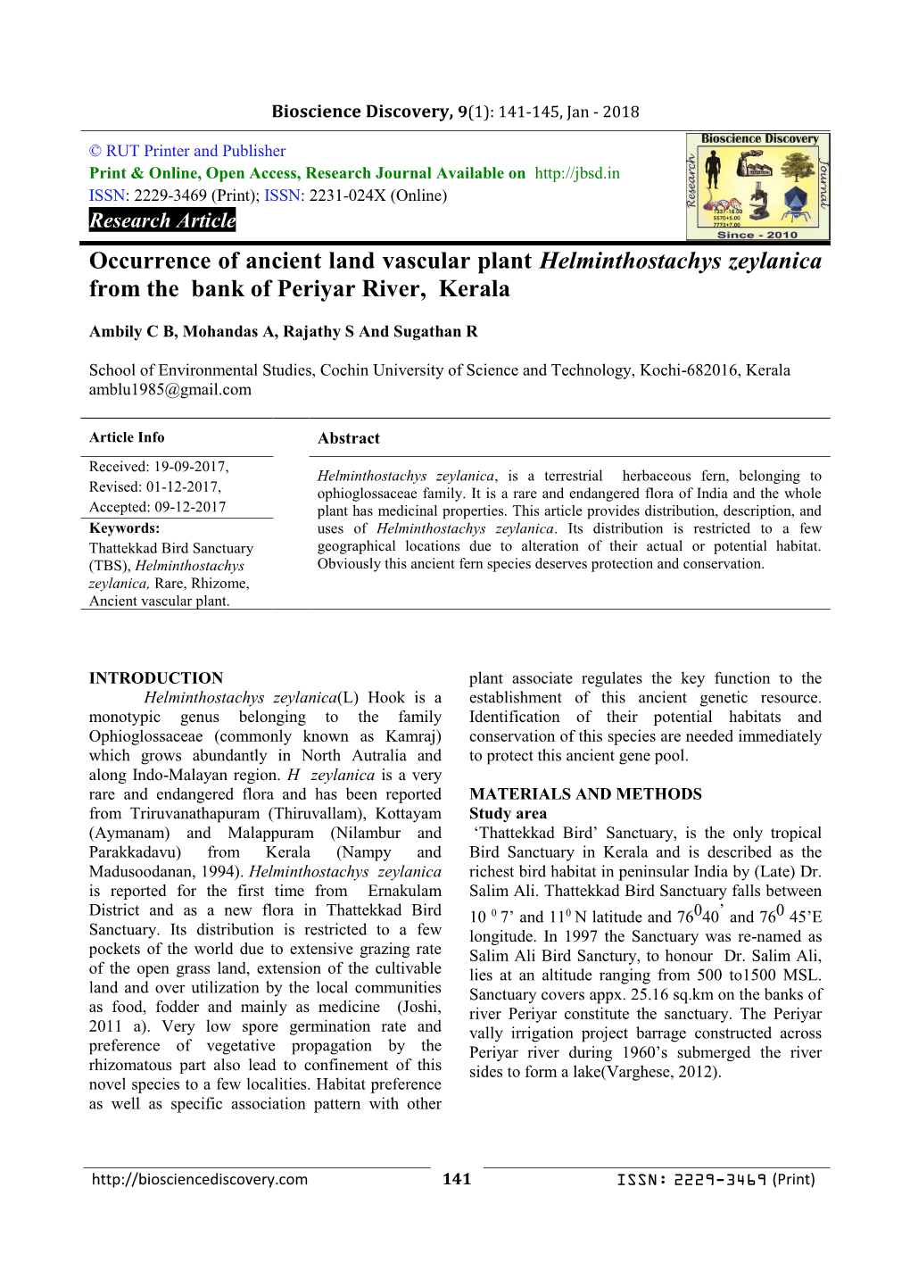 Occurrence of Ancient Land Vascular Plant Helminthostachys Zeylanica from the Bank of Periyar River, Kerala