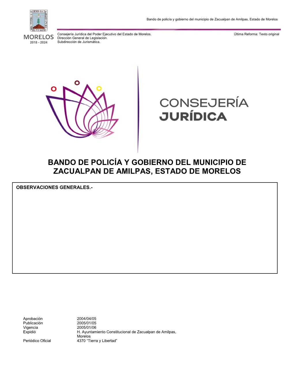 Bando De Policía Y Gobierno Del Municipio De Zacualpan De Amilpas, Estado De Morelos