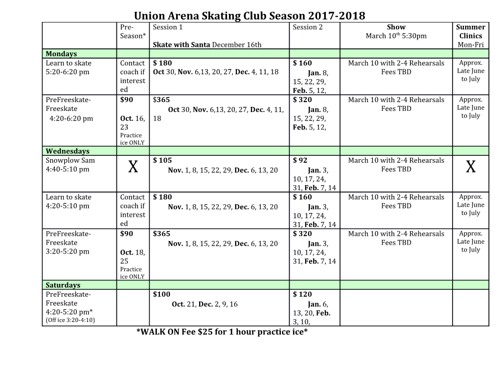 Union Arena Skating Club Season 2017-2018