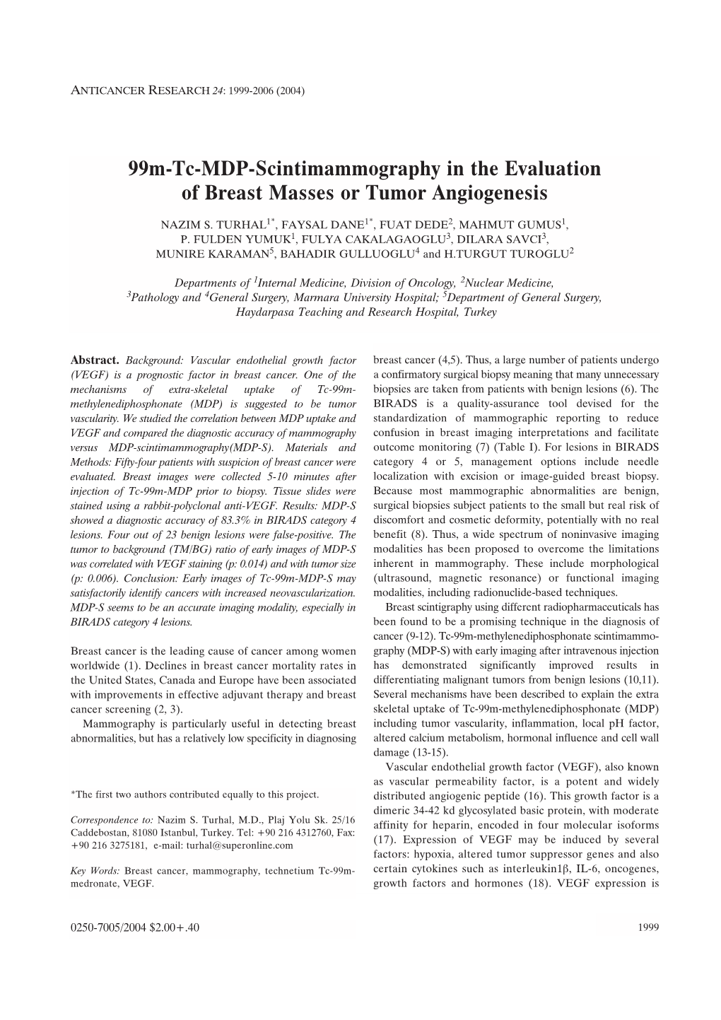 99M-Tc-MDP-Scintimammography in the Evaluation of Breast Masses Or Tumor Angiogenesis