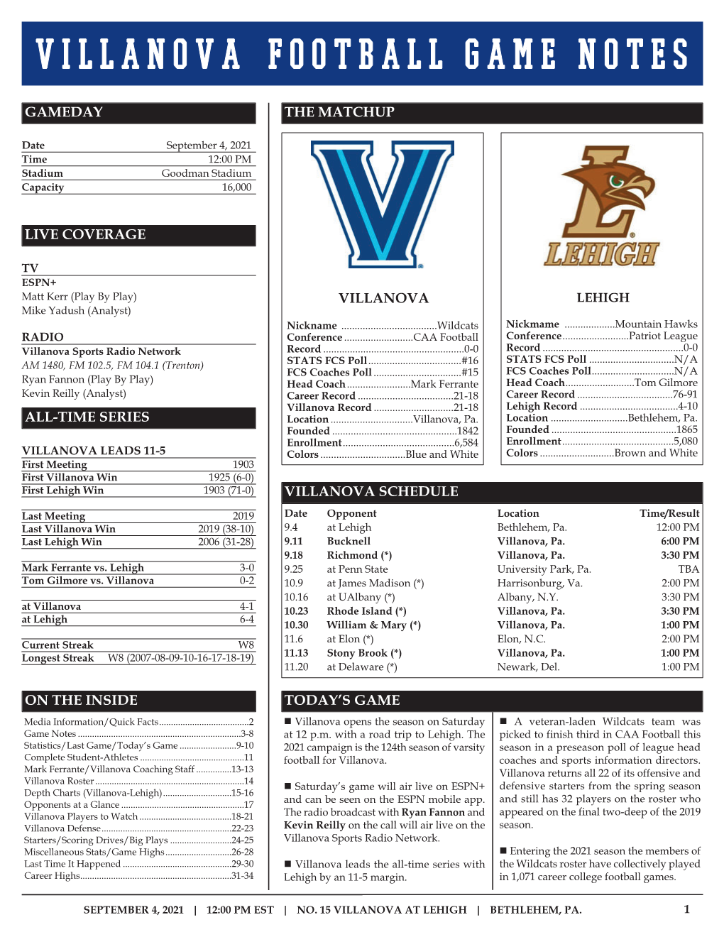 VILLANOVA FOOTBALL Game Notes