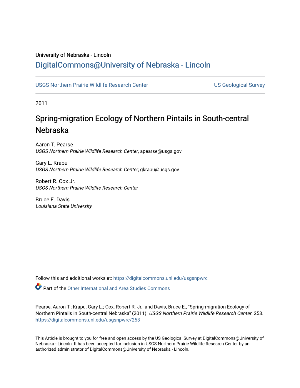 Spring-Migration Ecology of Northern Pintails in South-Central Nebraska