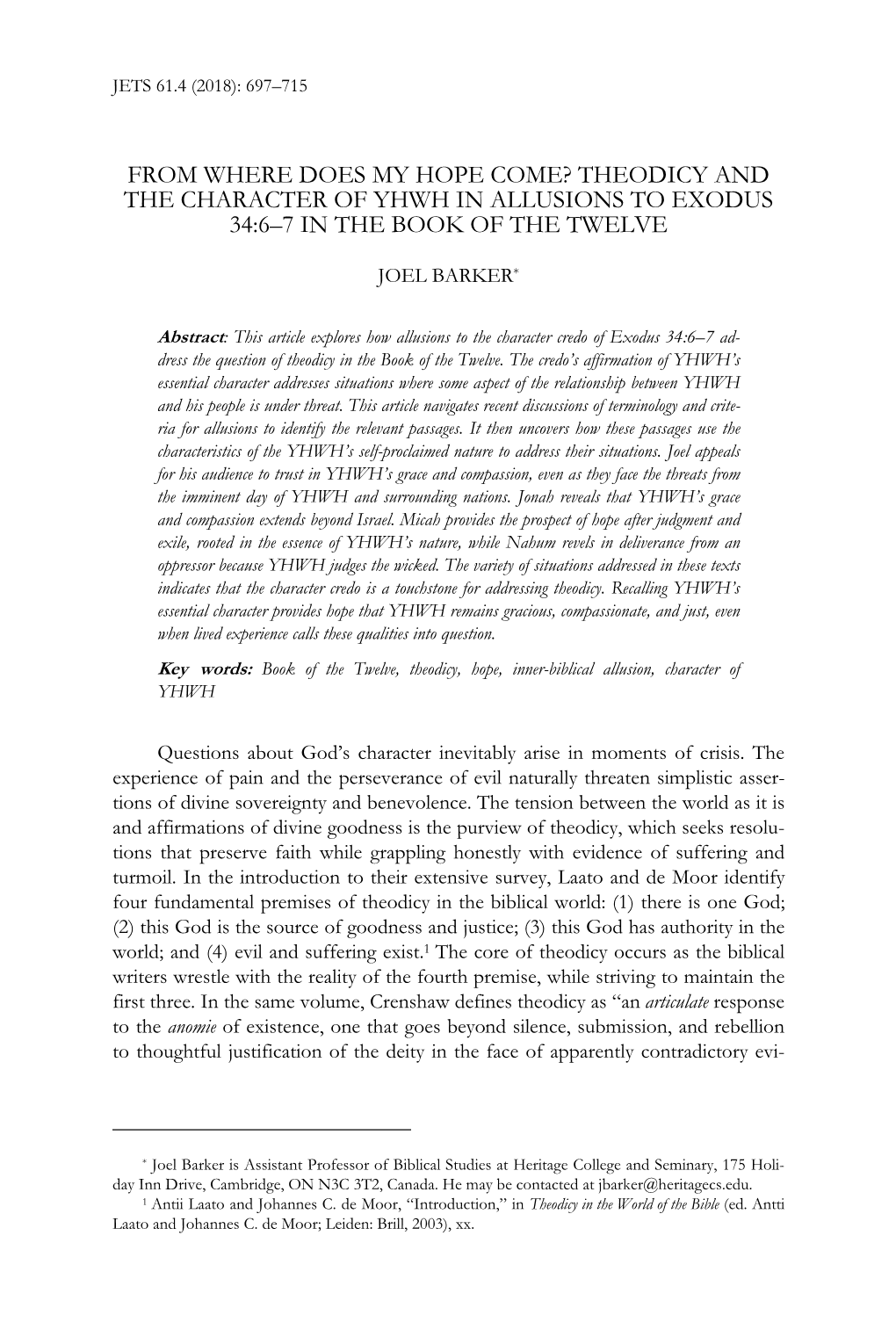 Theodicy and the Character of Yhwh in Allusions to Exodus 34:6–7 in the Book of the Twelve