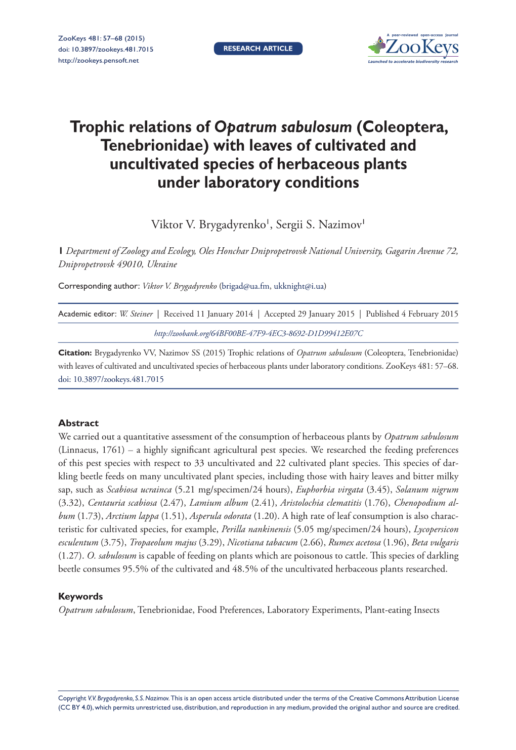 Trophic Relations of Opatrum Sabulosum (Coleoptera, Tenebrionidae) with Leaves of Cultivated and Uncultivated Species of Herbaceous Plants Under Laboratory Conditions