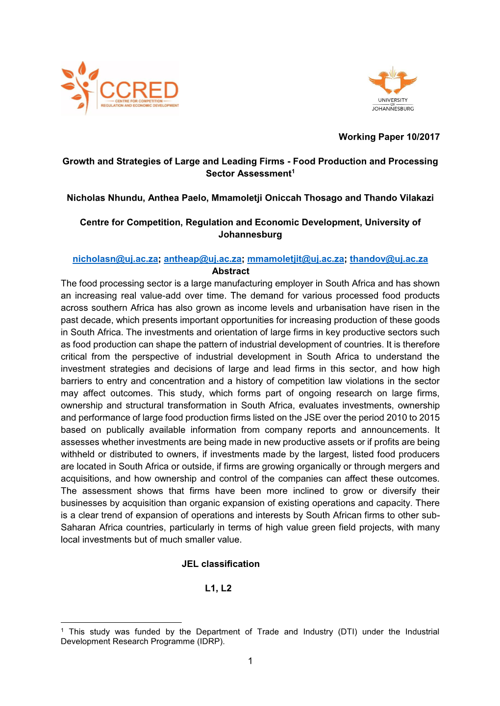 Food Sector As Part of Understanding the Strategies and Decisions of Large, Lead and Dynamic Firms in the South African Economy