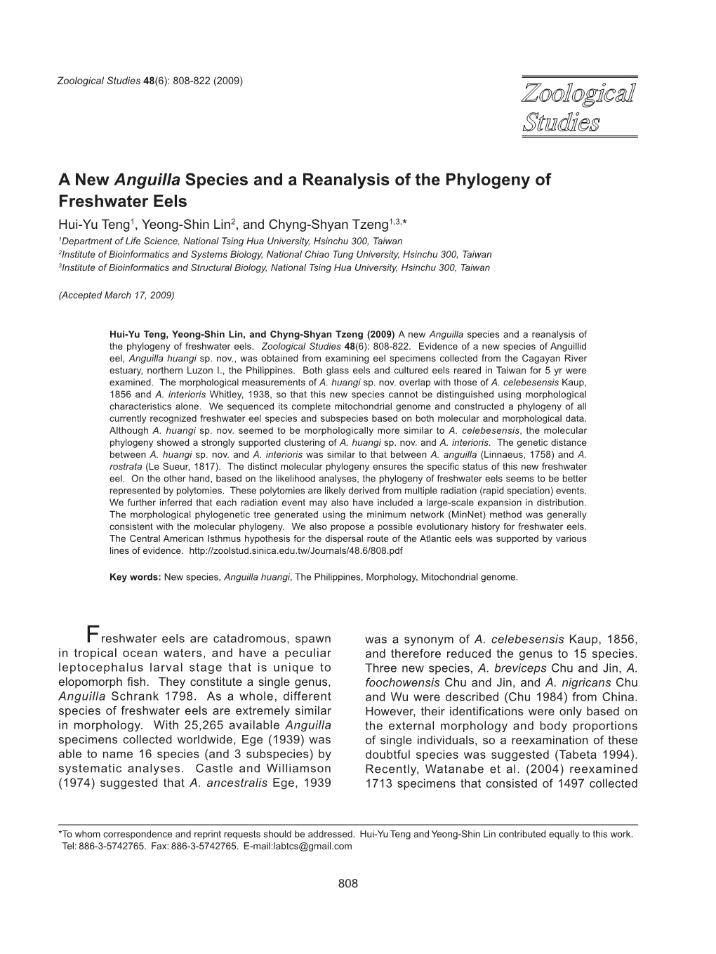 A New Anguilla Species and a Reanalysis of the Phylogeny Of