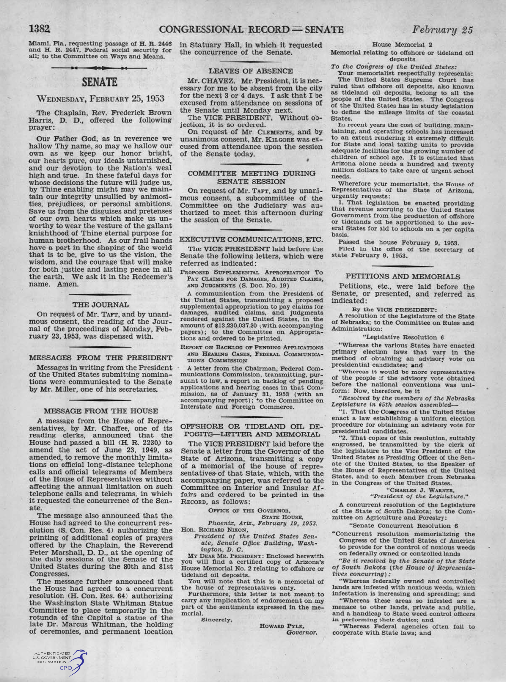 CONGRESSIONAL RECORD:::::: SENATE February 25 Miami, Fla., Requesting Passage of H