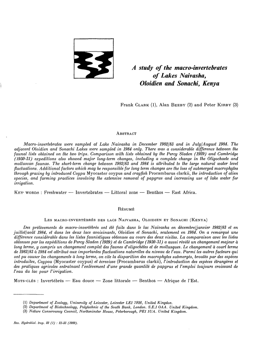 A Study of the Macro-Invertebrates of Lakes Naivasha, Oloidien and Sonachi, Kenya