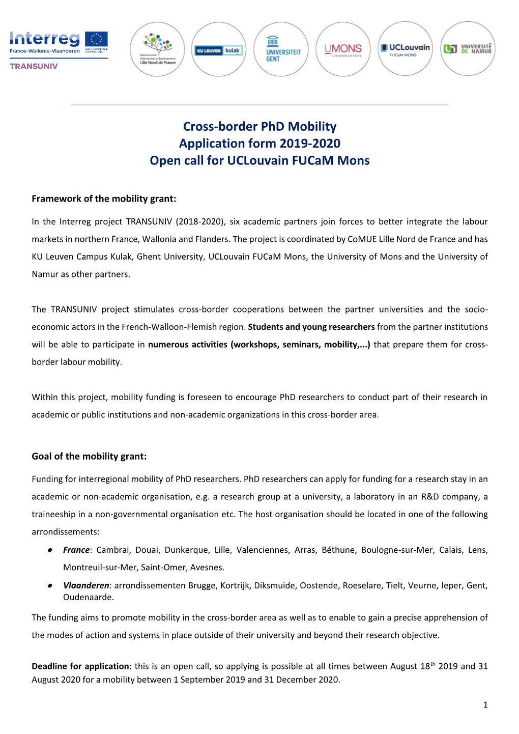 Cross-Border Phd Mobility Application Form 2019-2020 Open Call for Uclouvain Fucam Mons
