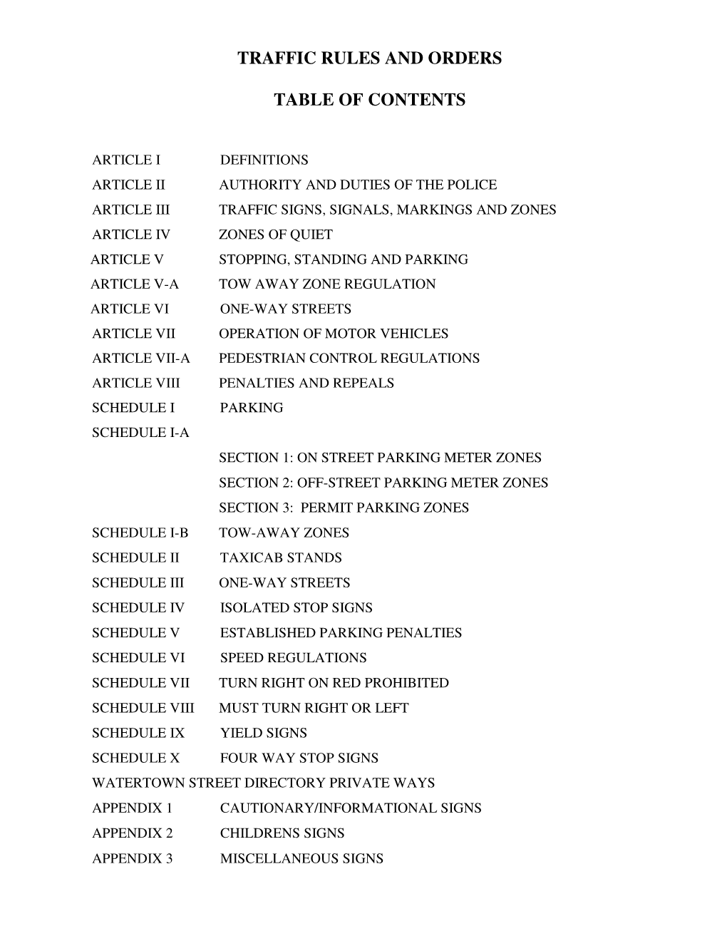 Traffic Rules and Orders Table of Contents