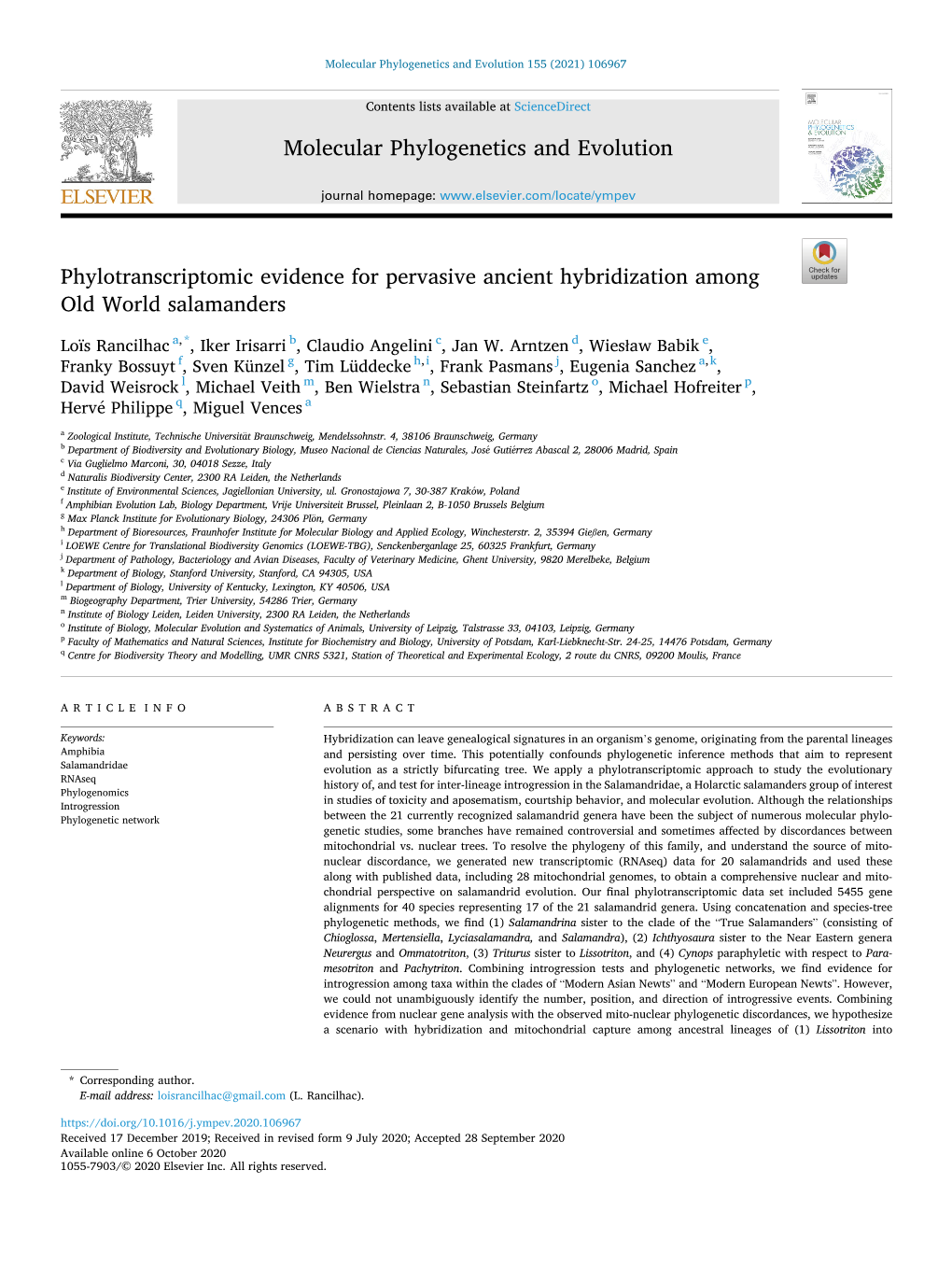 Phylotranscriptomic Evidence for Pervasive Ancient Hybridization Among Old World Salamanders