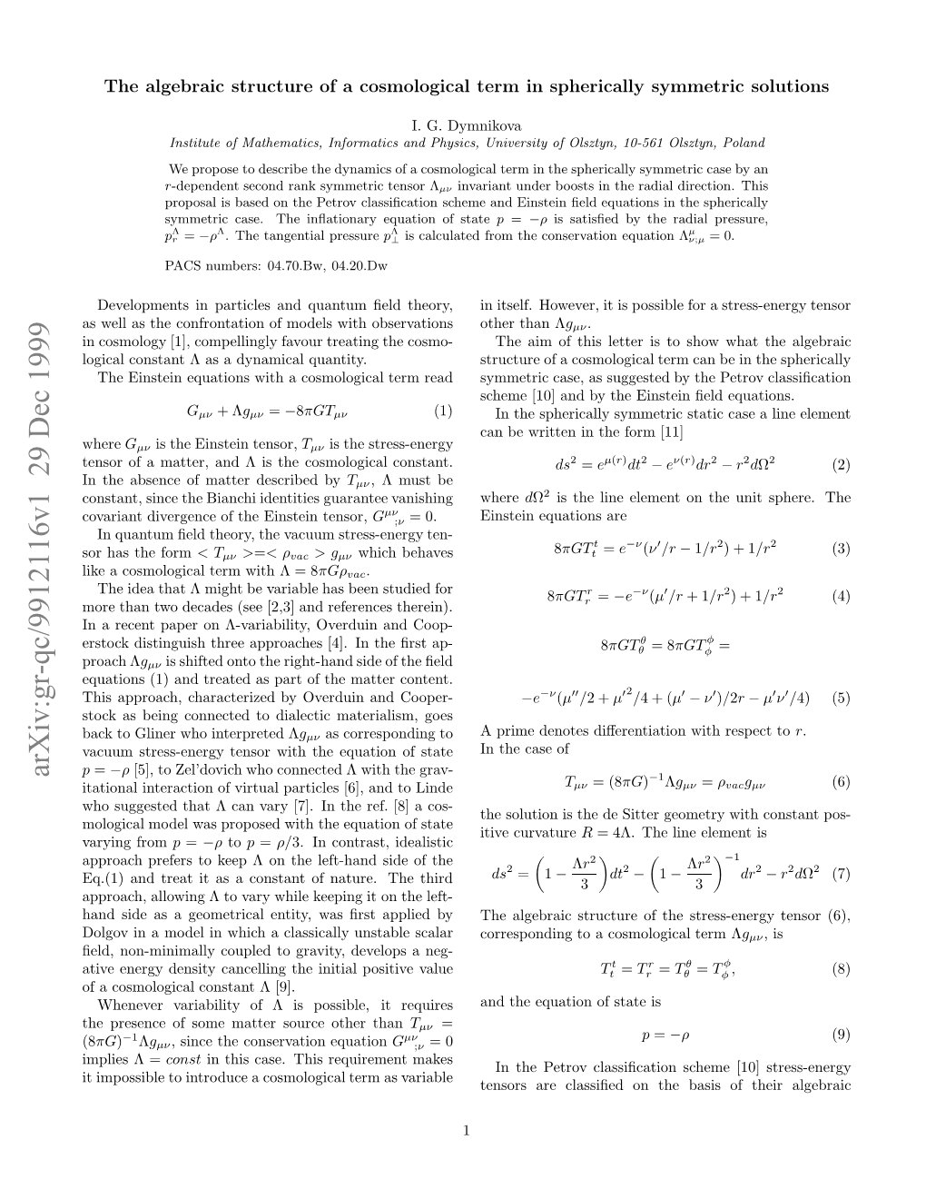 Arxiv:Gr-Qc/9912116V1 29 Dec 1999 H Ugse Htλcnvr 7.I H E.[]Acos- a [8] State Ref