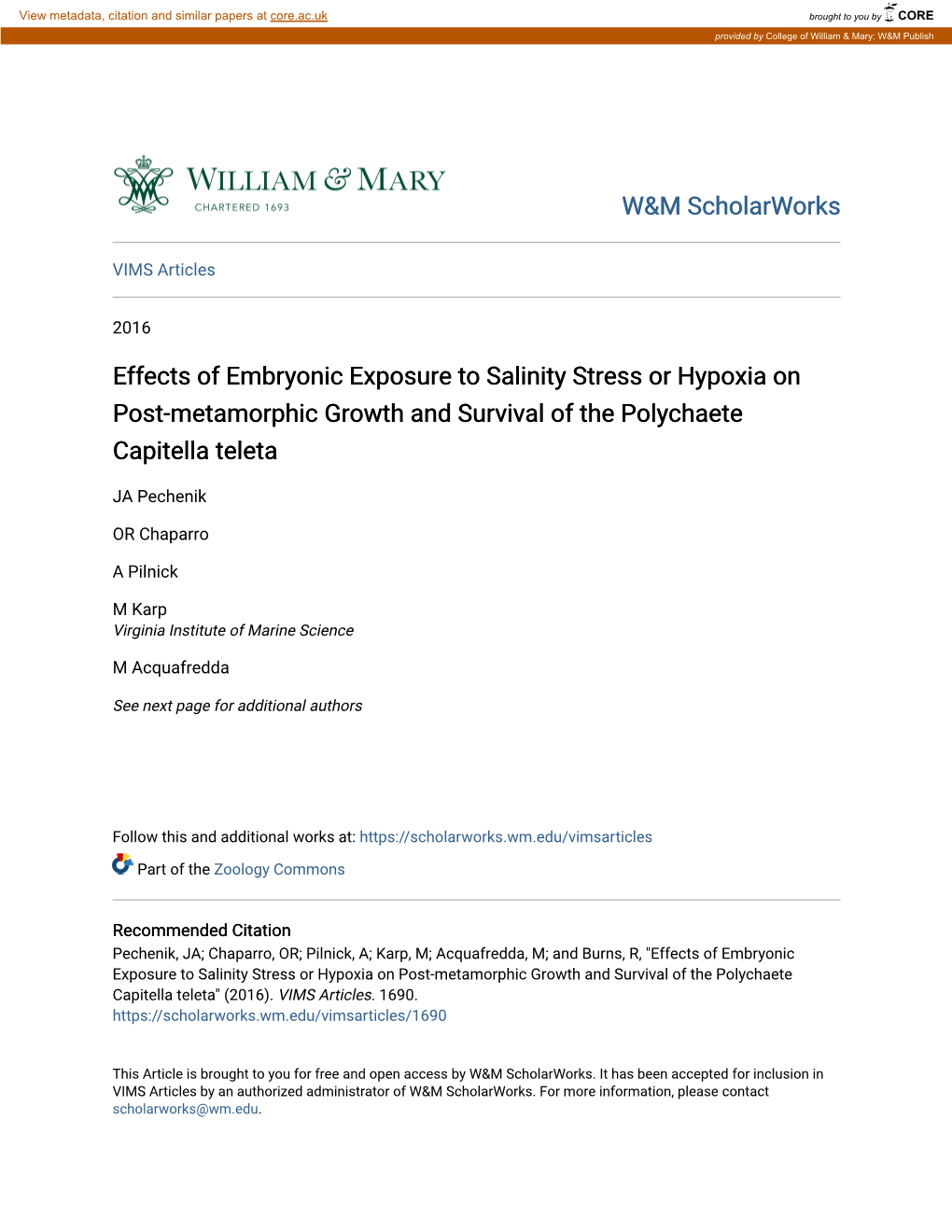 Effects of Embryonic Exposure to Salinity Stress Or Hypoxia on Post-Metamorphic Growth and Survival of the Polychaete Capitella Teleta