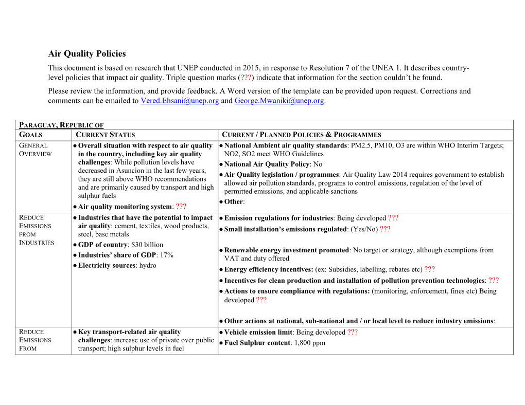 Air Quality Policies This Document Is Based on Research That UNEP Conducted in 2015, in Response to Resolution 7 of the UNEA 1