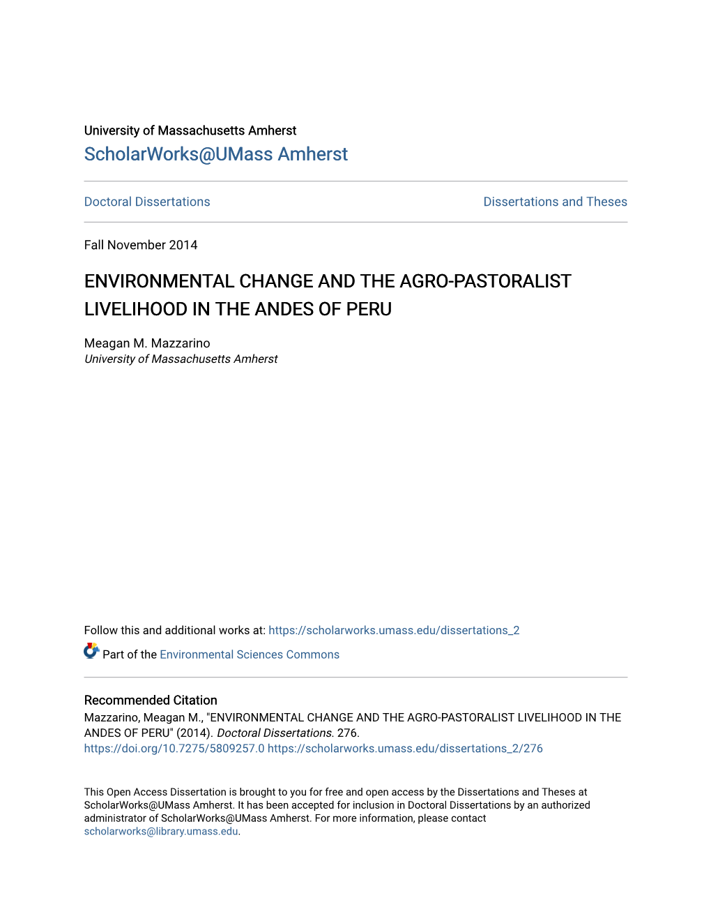 Environmental Change and the Agro-Pastoralist Livelihood in the Andes of Peru