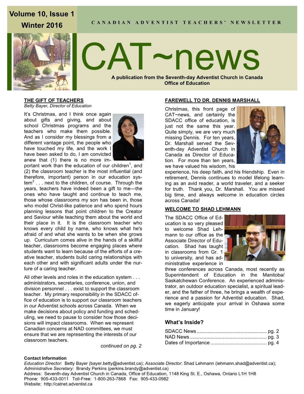 CAT~News a Publication from the Seventh-Day Adventist Church in Canada Office of Education