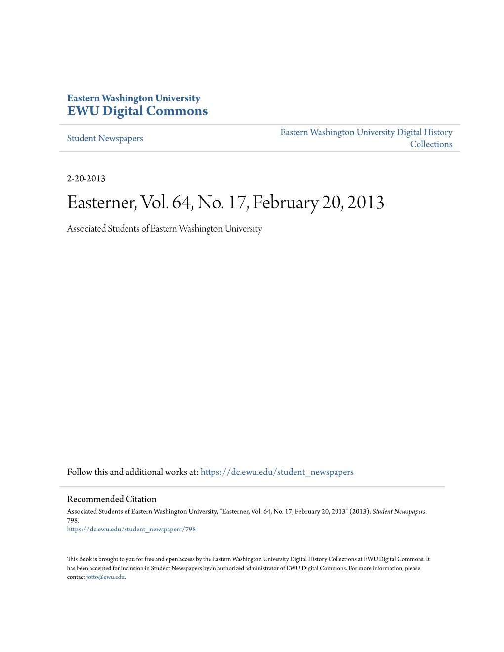 Easterner, Vol. 64, No. 17, February 20, 2013 Associated Students of Eastern Washington University
