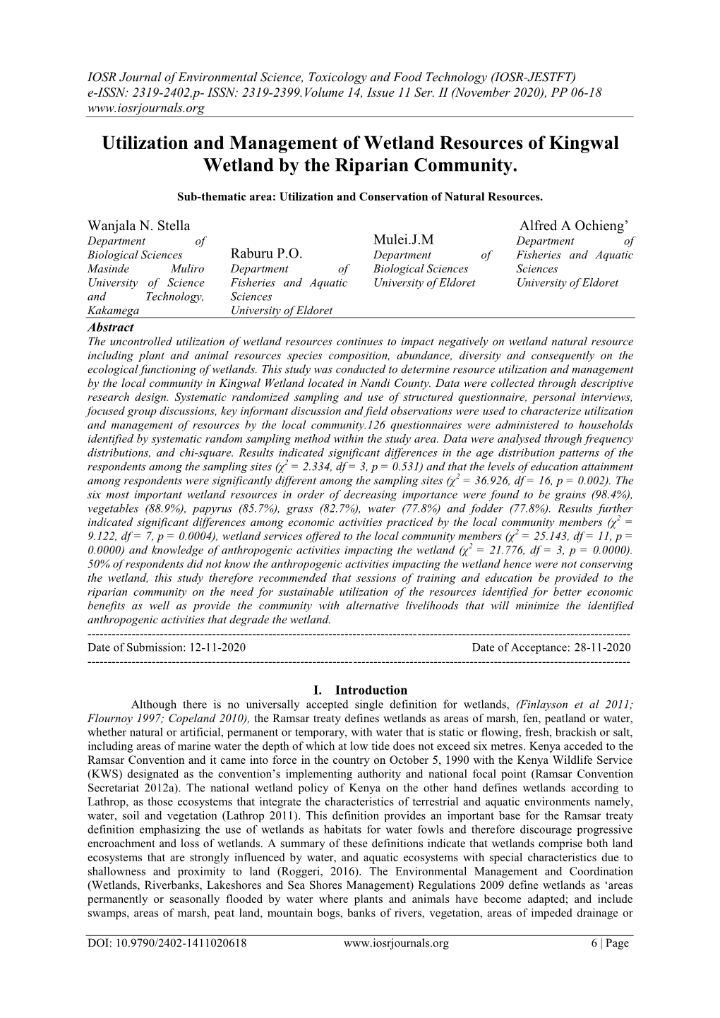 Utilization and Management of Wetland Resources of Kingwal Wetland by the Riparian Community