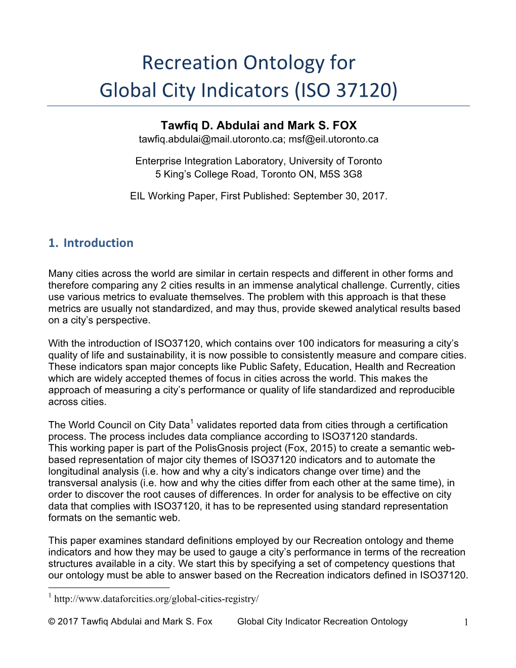 Recreation Ontology for Global City Indicators (ISO 37120)