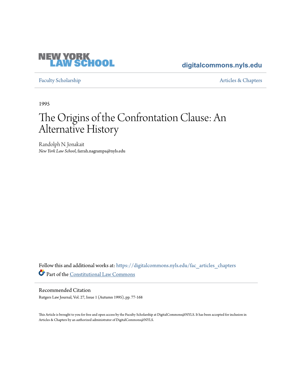 The Origins of the Confrontation Clause: an Alternative History Randolph N