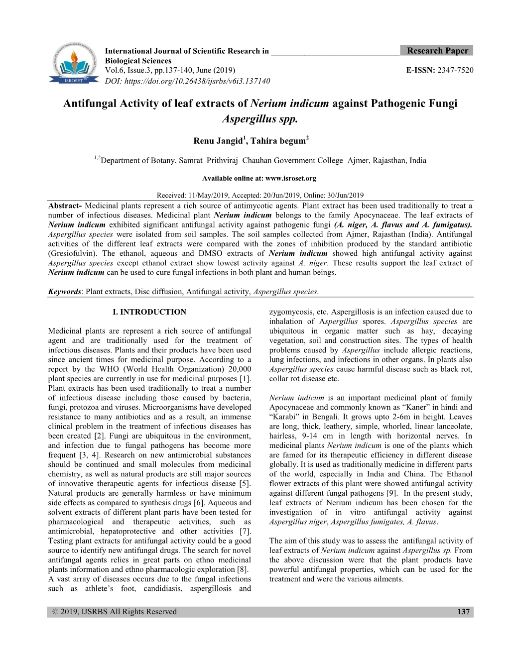 Antifungal Activity of Leaf Extracts of Nerium Indicum Against Pathogenic Fungi Aspergillus Spp