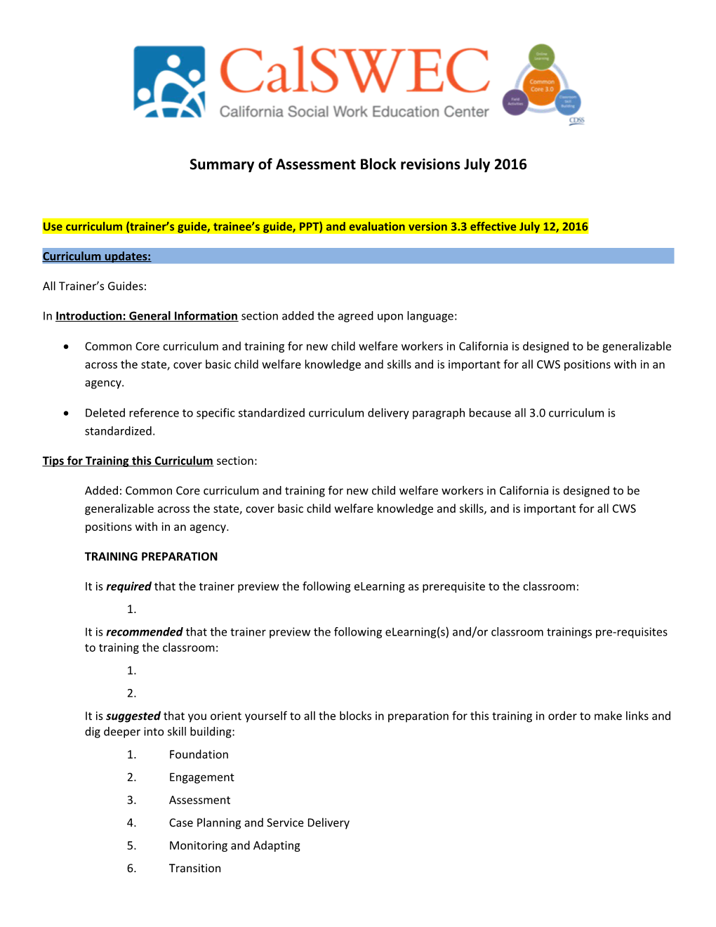 Summary of Assessment Block Revisions July 2016