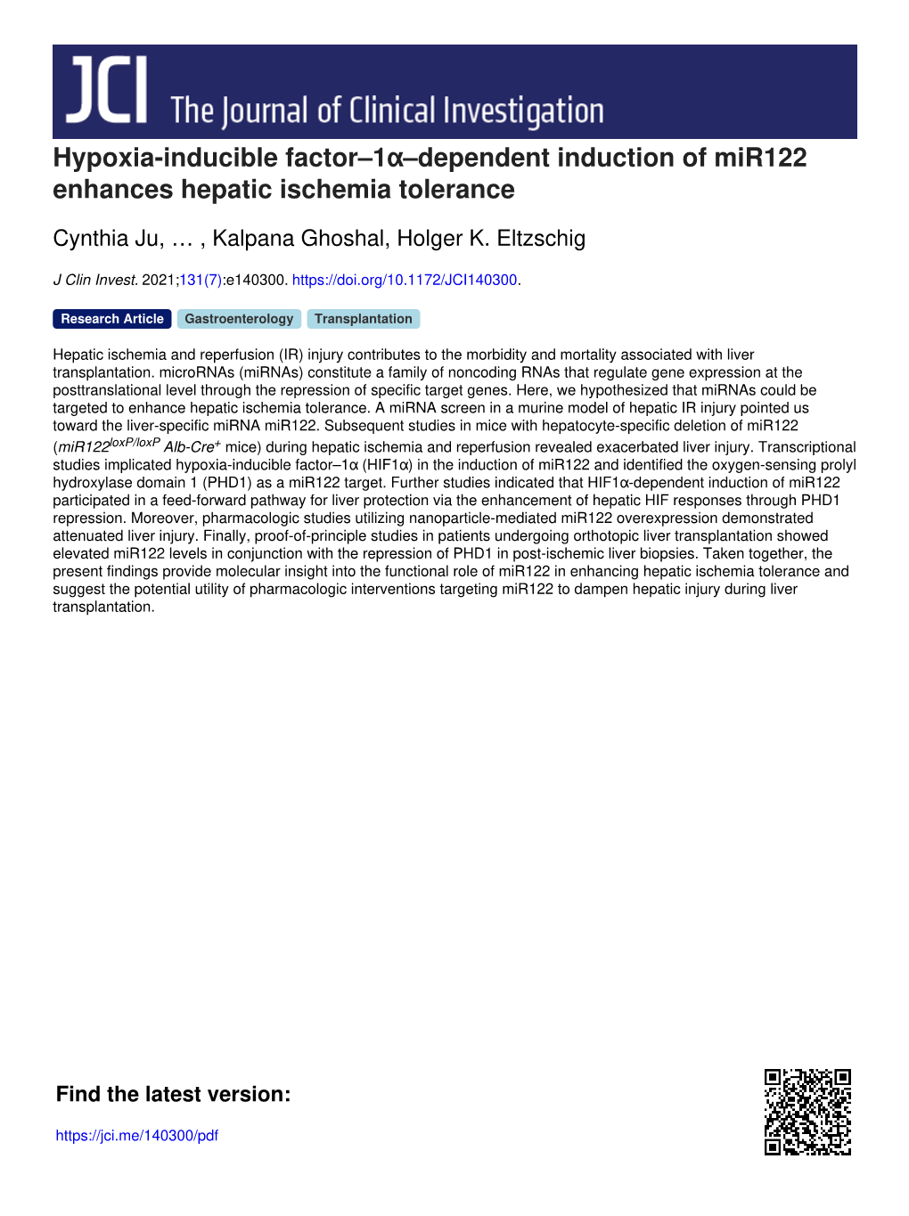 Hypoxia-Inducible Factor–1Α–Dependent Induction of Mir122 Enhances Hepatic Ischemia Tolerance