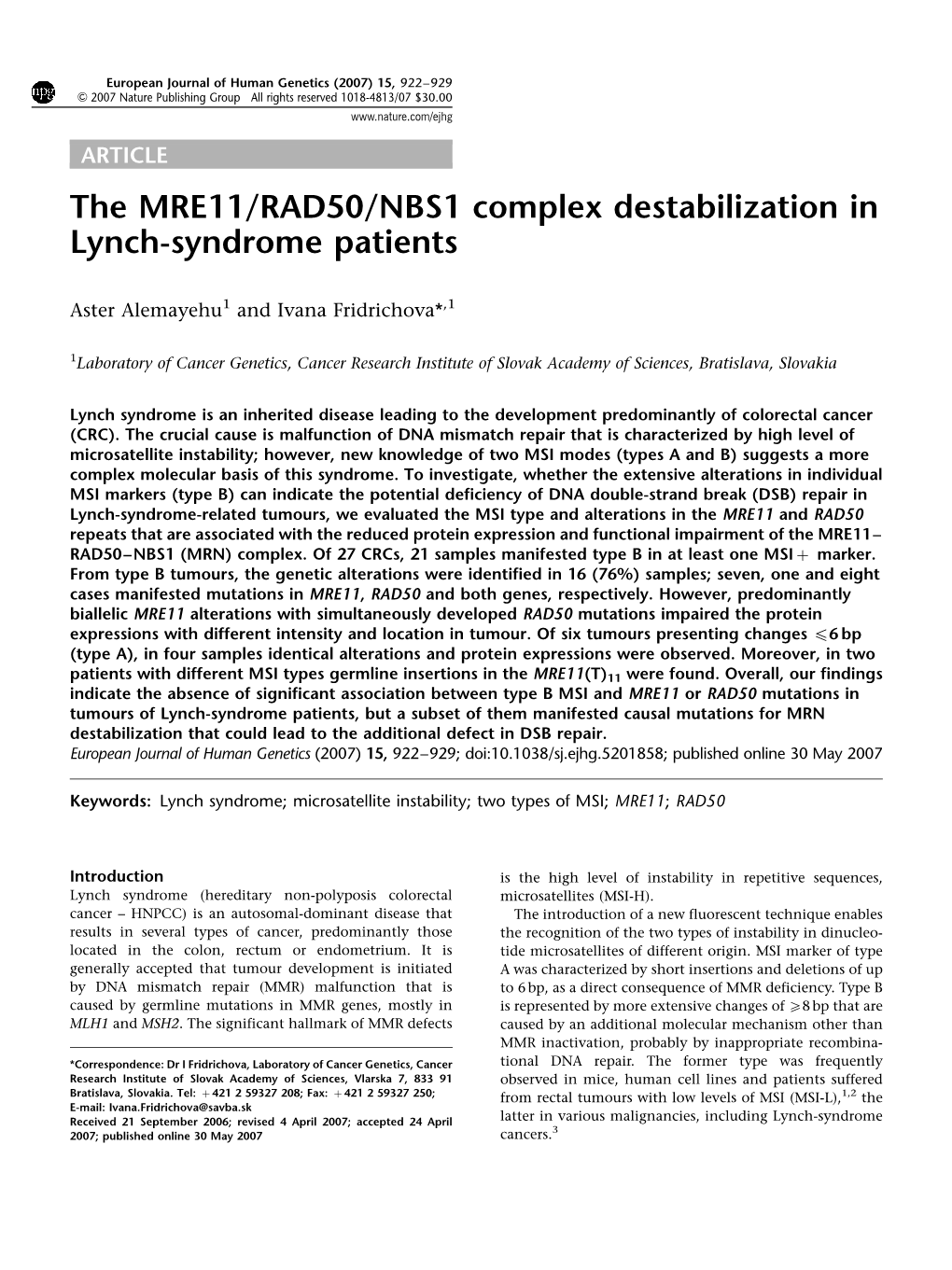The MRE11/RAD50/NBS1 Complex Destabilization in Lynch-Syndrome Patients