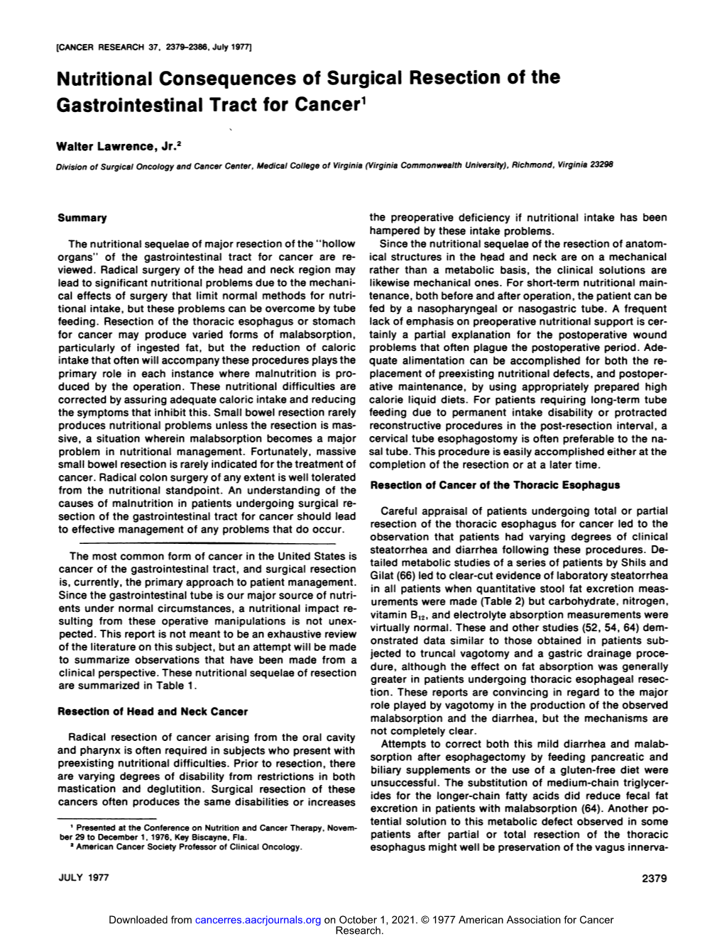 Nutritional Consequences of Surgical Resection of the Gastrointestinal Tract for Cancer'