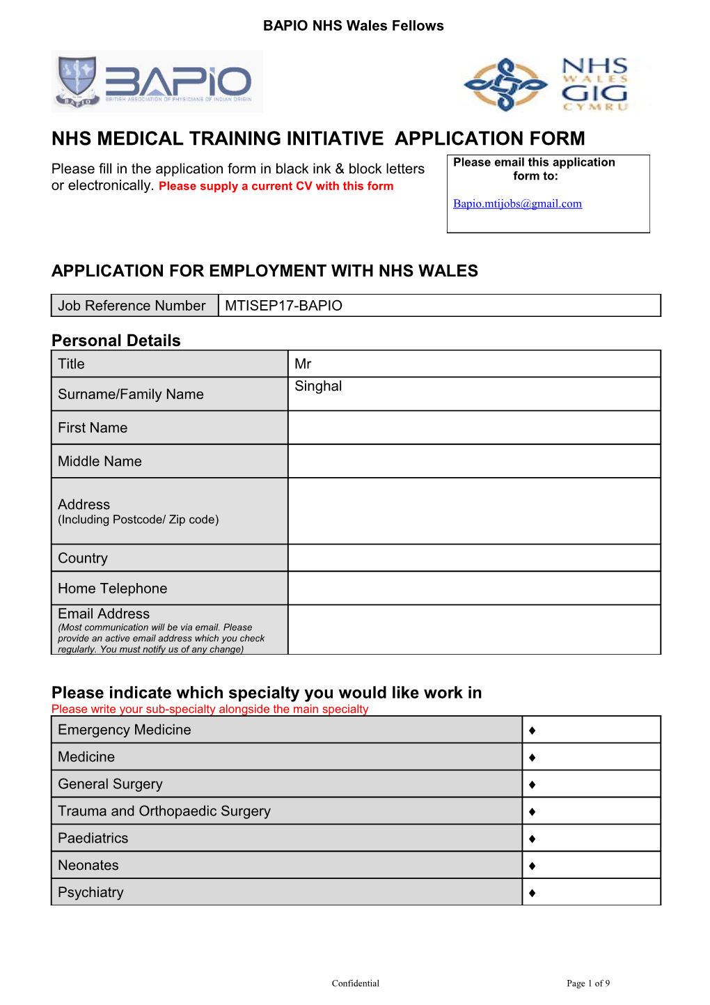 NHS Standard Application Form