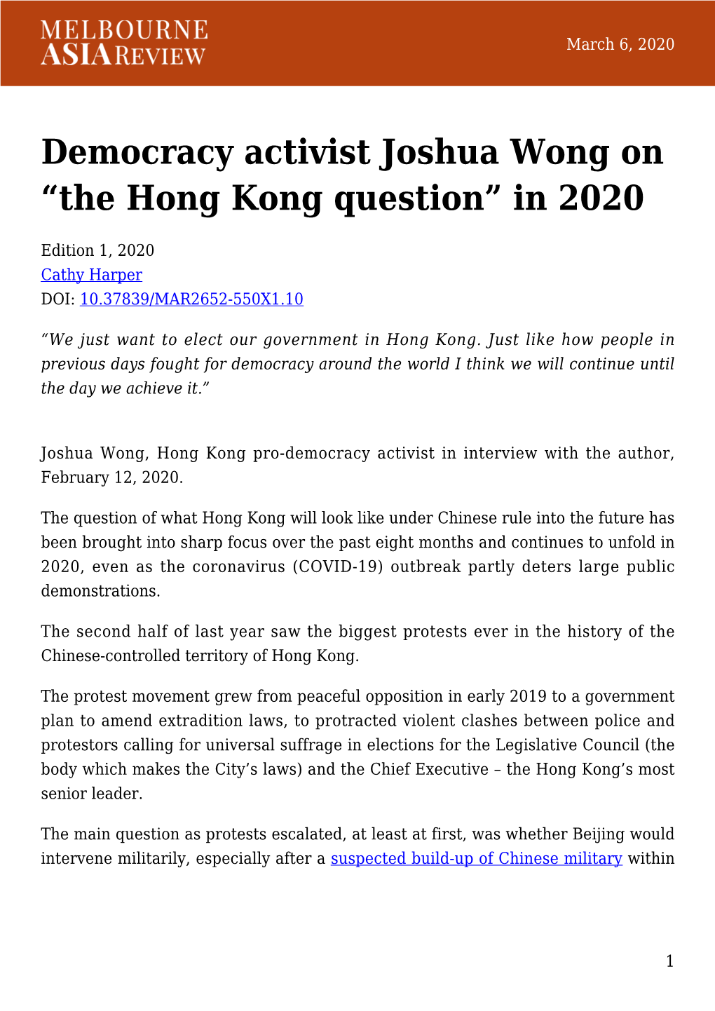Democracy Activist Joshua Wong on “The Hong Kong Question” in 2020