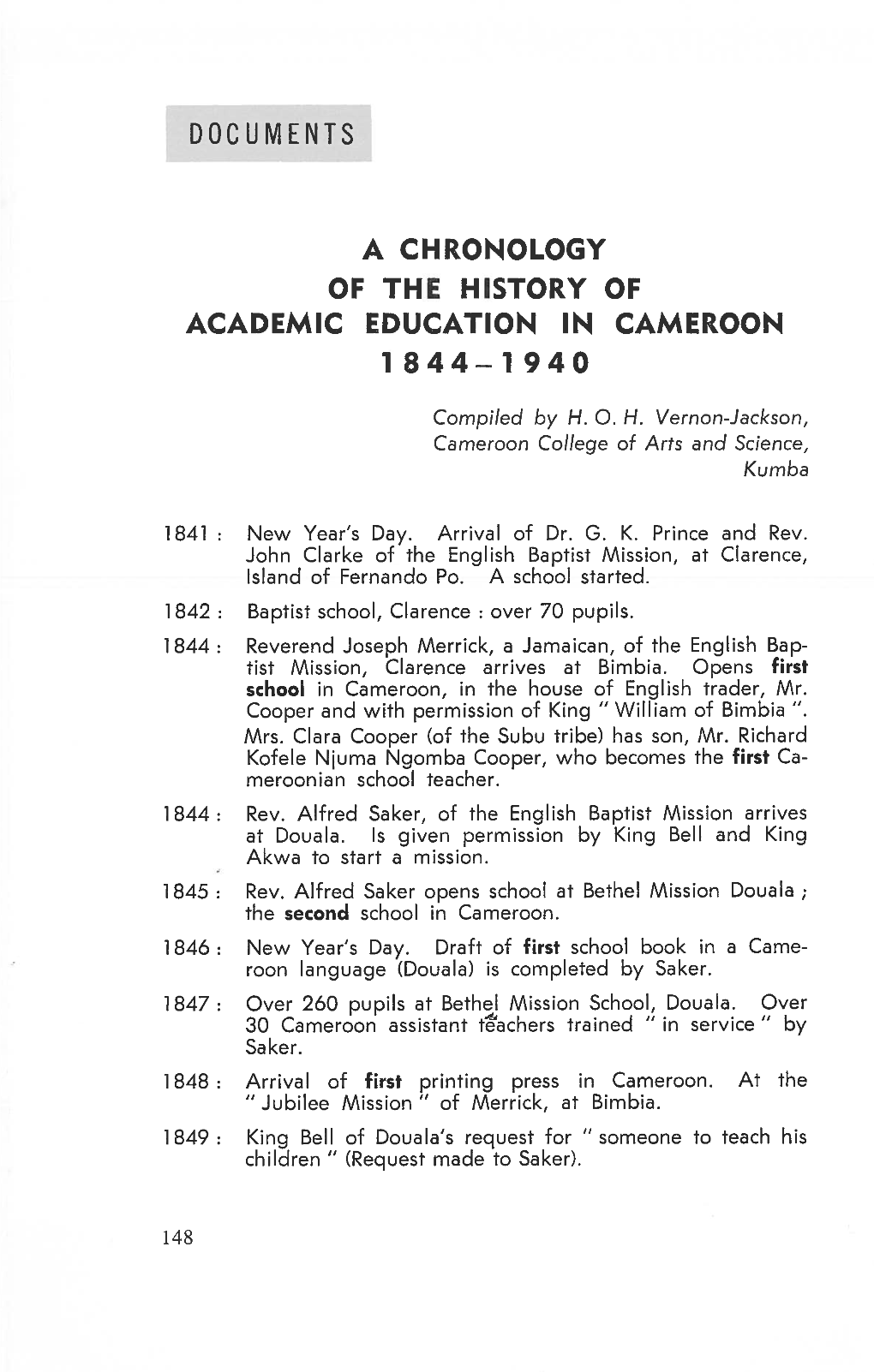 Documents a Chronology of the History of Academic Education in Cameroon 1844-1940