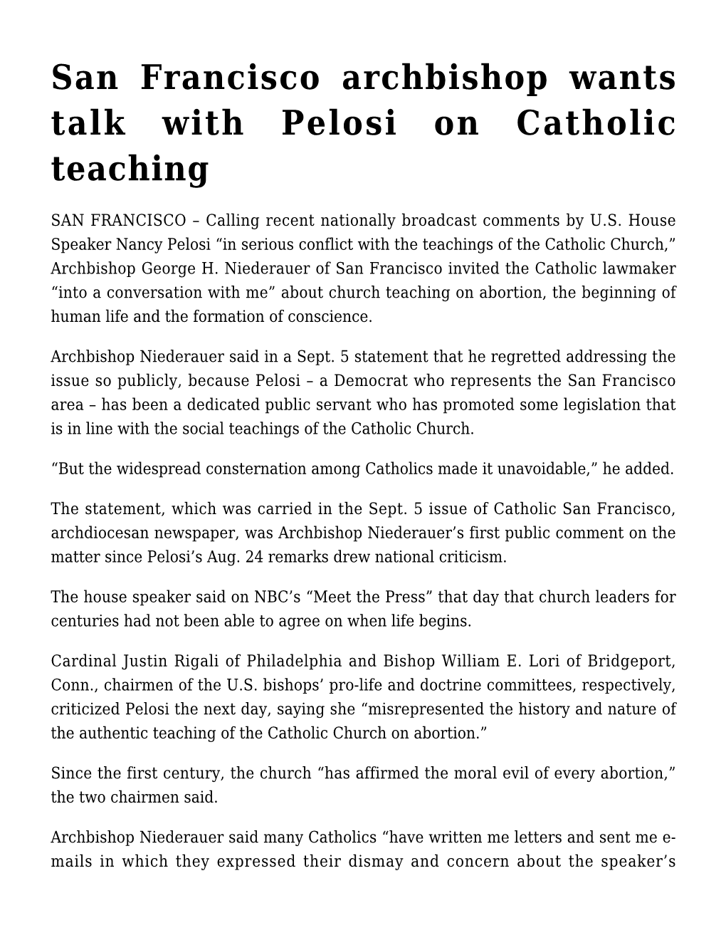 San Francisco Archbishop Wants Talk with Pelosi on Catholic Teaching