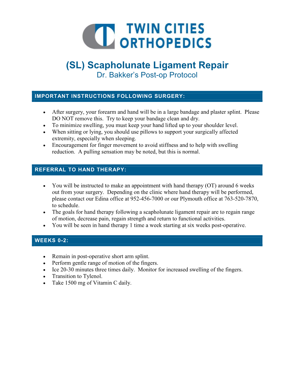 (SL) Scapholunate Ligament Repair Dr