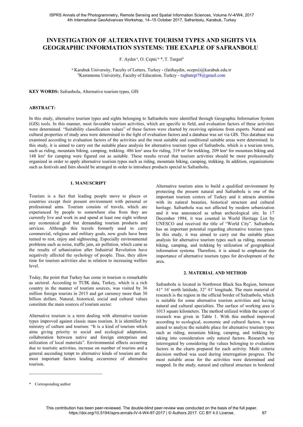 Investigation of Alternative Tourism Types and Sights Via Geographic Information Systems: the Exaple of Safranbolu