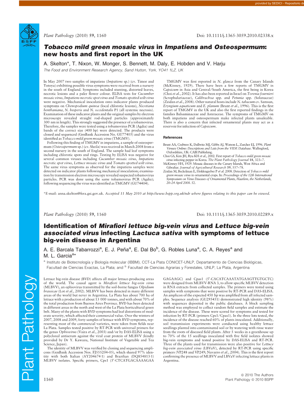 Tobacco Mild Green Mosaic Virus in Impatiens and Osteospermum: New Hosts and ﬁrst Report in the UK A