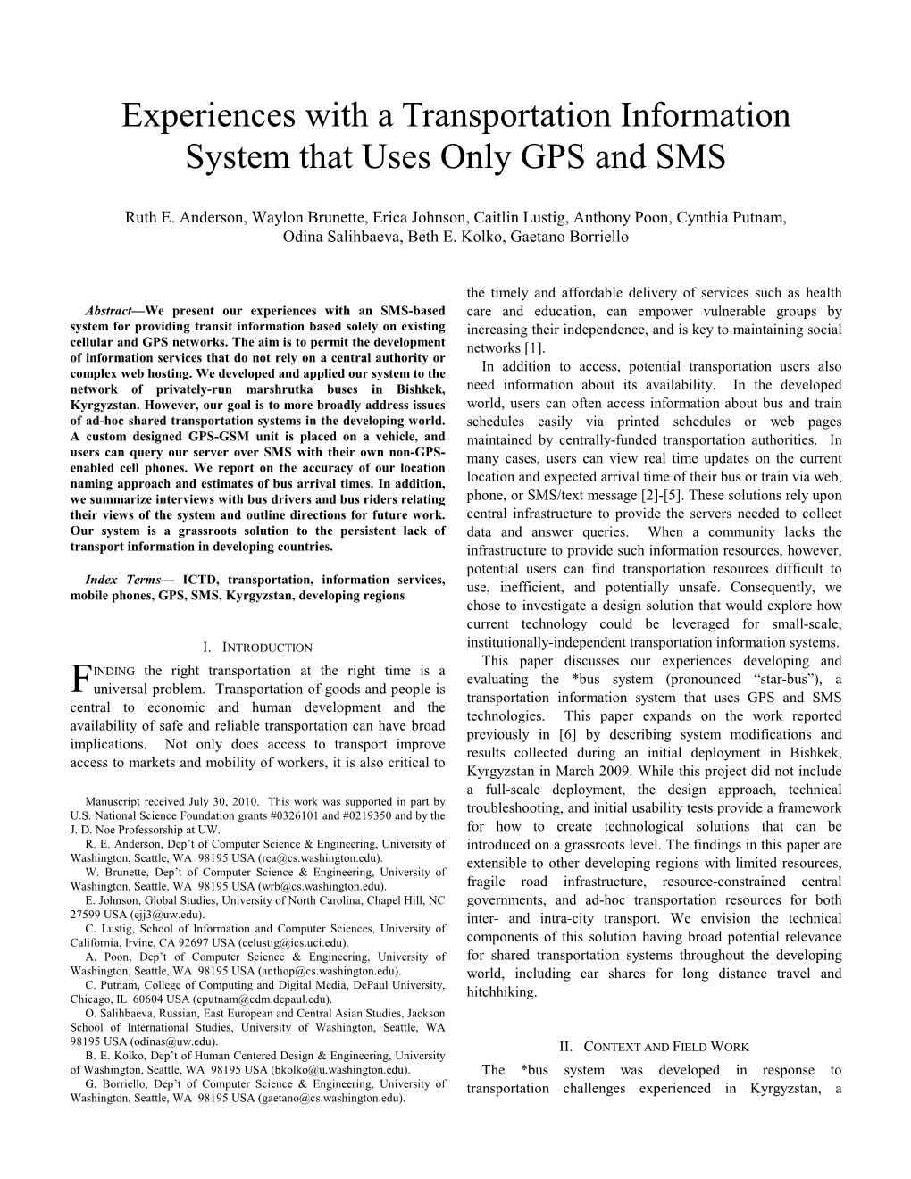 Experiences with a Transportation Information System That Uses Only GPS and SMS