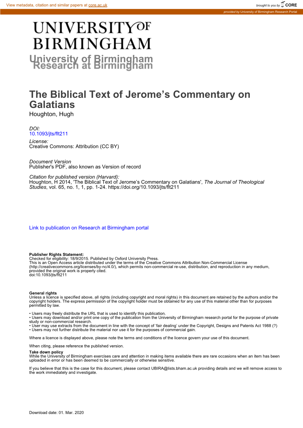 University of Birmingham the Biblical Text of Jerome's Commentary on Galatians