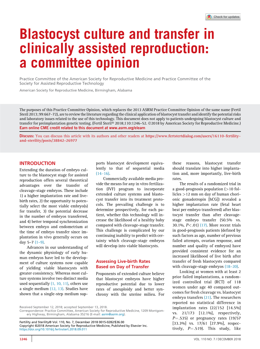 Blastocyst Culture and Transfer in Clinically Assisted Reproduction: a Committee Opinion