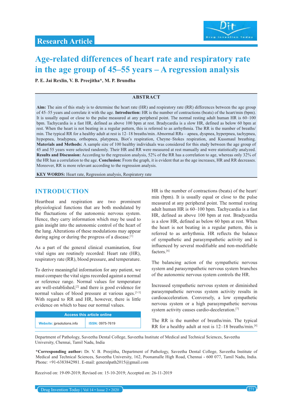 Age-Related Differences of Heart Rate and Respiratory Rate in the Age Group of 45–55 Years – a Regression Analysis P