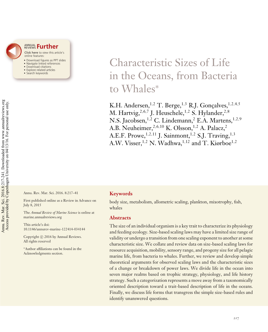 Characteristic Sizes of Life in the Oceans, from Bacteria to Whales K.H