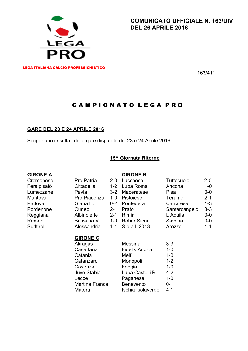 Comunicato Ufficiale N. 163/Div Del 26 Aprile 2016