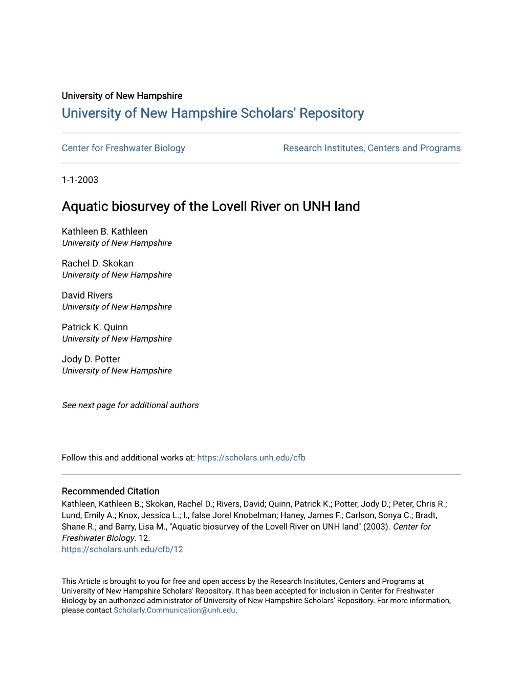 Aquatic Biosurvey of the Lovell River on UNH Land