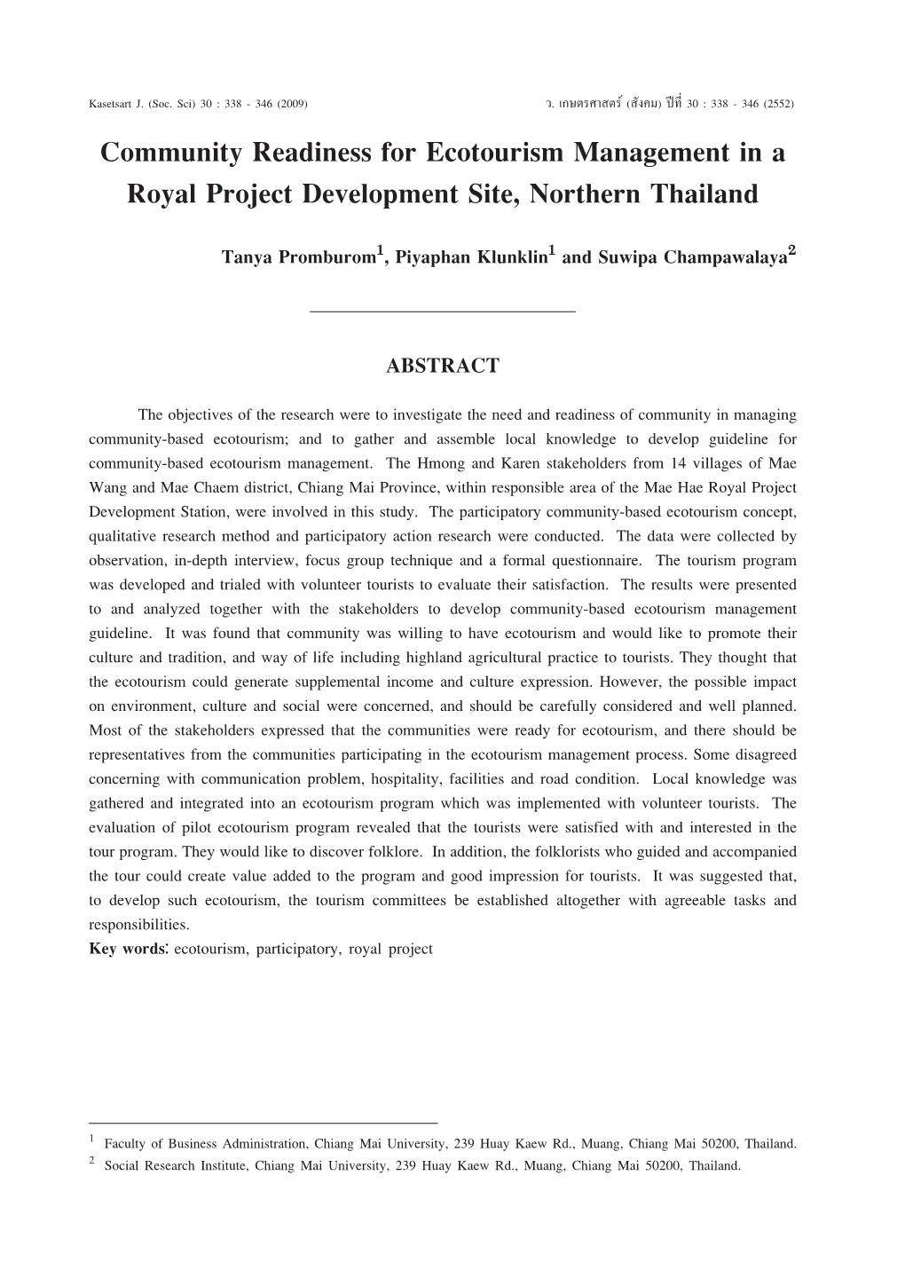 Community Readiness for Ecotourism Management in a Royal Project Development Site, Northern Thailand
