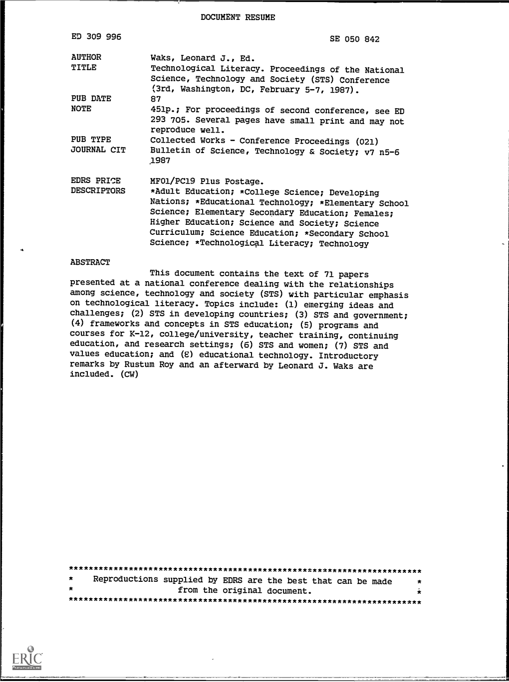 DOCUMENT RESUME ED 309 996 SE 050 842 AUTHOR Waks