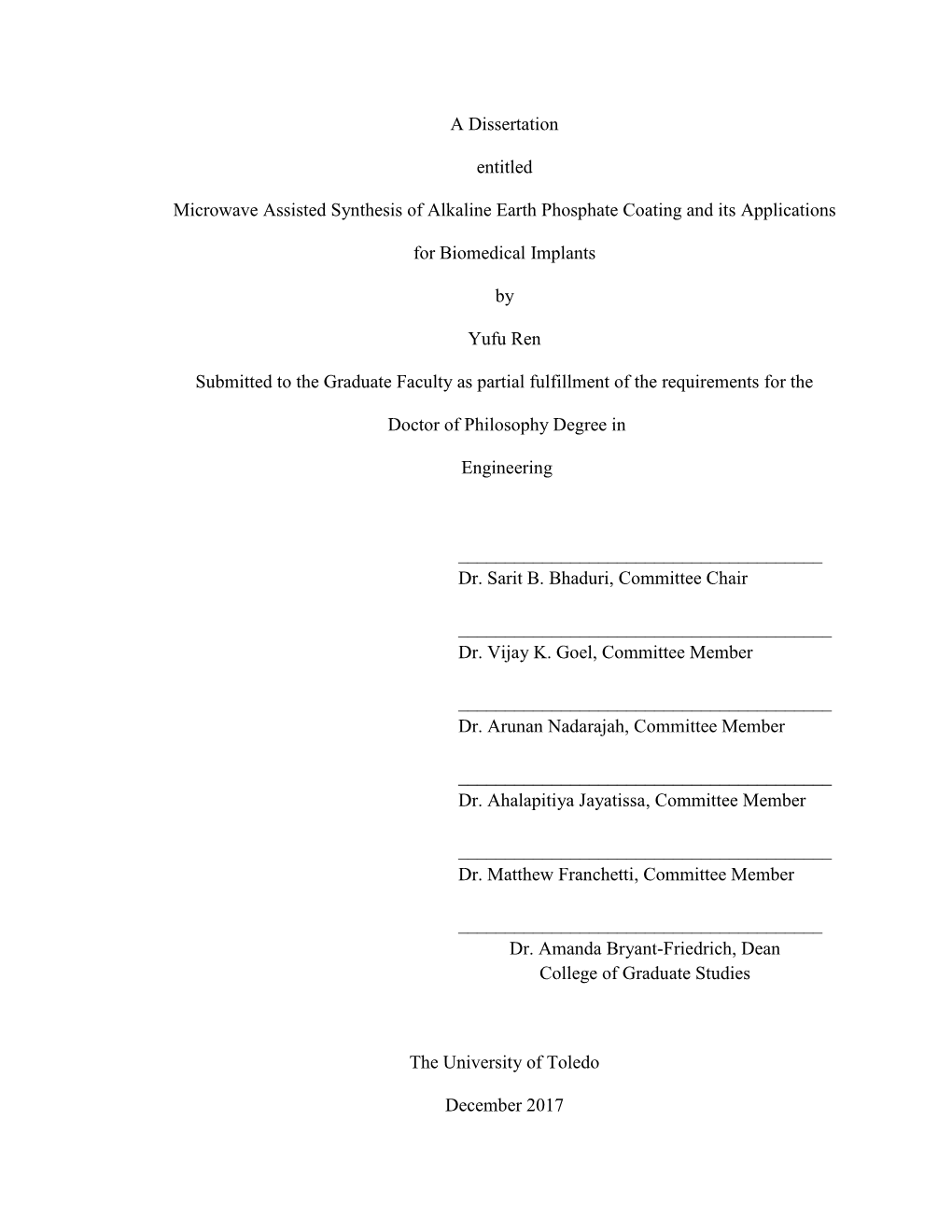 A Dissertation Entitled Microwave Assisted Synthesis of Alkaline Earth