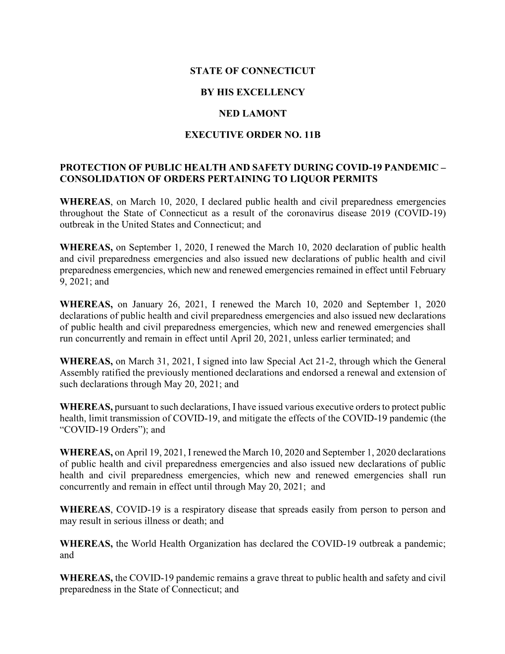 Executive Order No. 11B Protection of Public Health and Safety During