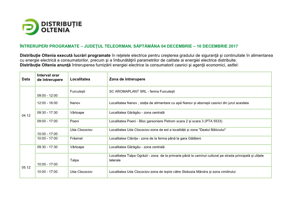 ÎNTRERUPERI PROGRAMATE – JUDEŢUL TELEORMAN, SĂPTĂMÂNA 04 DECEMBRIE – 10 DECEMBRIE 2017 Distribuţie Oltenia Execută Lu