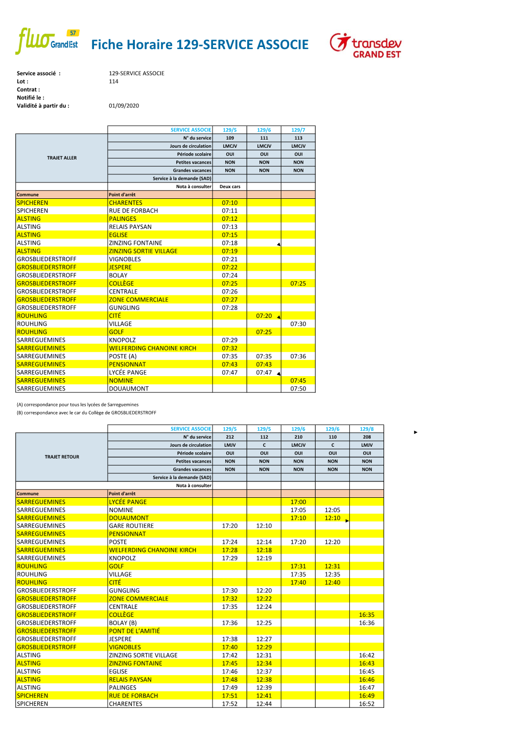 Fiche Horaire 129-SERVICE ASSOCIE