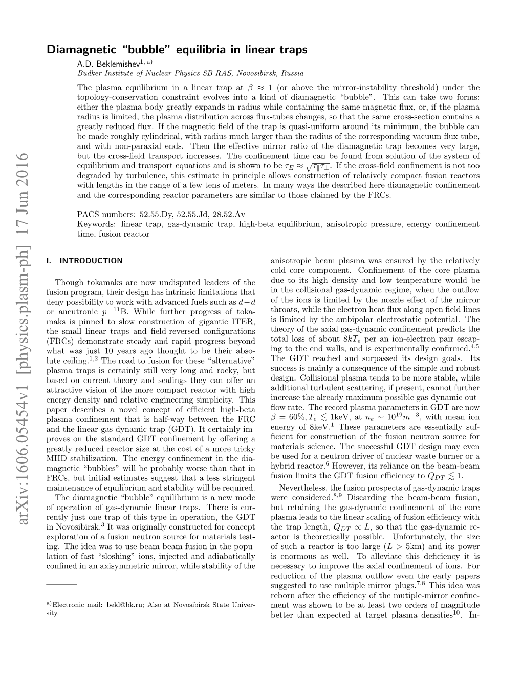 Arxiv:1606.05454V1 [Physics.Plasm-Ph] 17 Jun 2016 3 in Novosibirsk